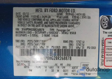 2011 Ford Fusion Se из США, поврежденный, VIN 3FAHP0HG2BR268878